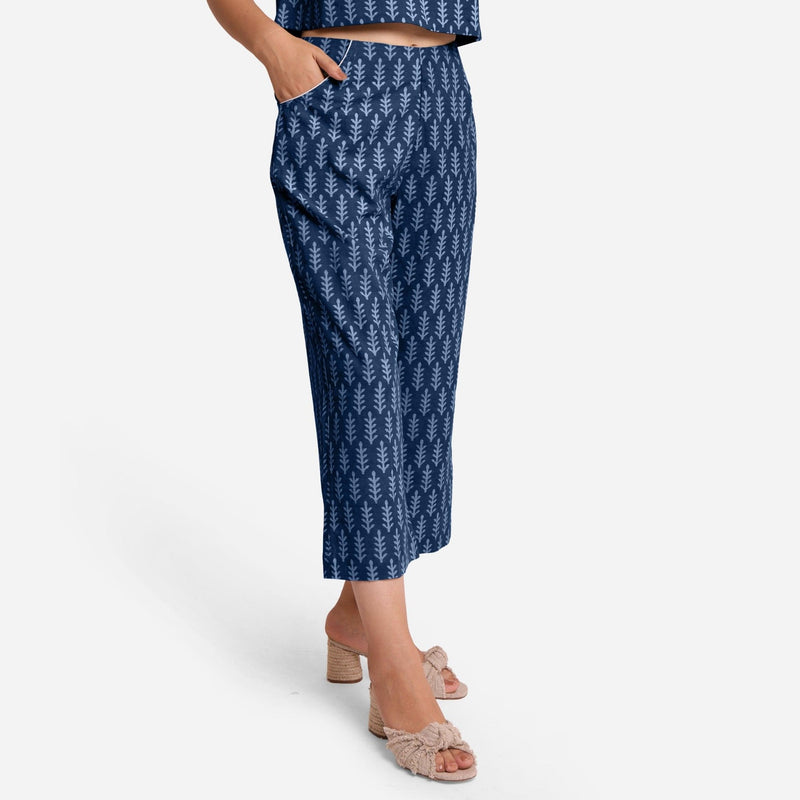 Right View of a Model wearing Indigo Dabu Block Print Grey Mid-Rise Culottes