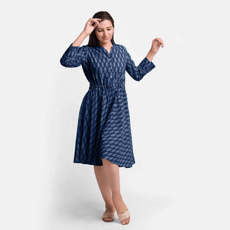 Front View of a Model wearing Indigo Botanical Pattern Button-Down Dress