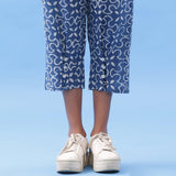 Front Detail of a Model wearing Indigo Dabu Hand Block Printed Pegged Pant