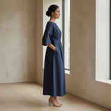 Indigo Cotton Denim Boat Neck Maxi Dress with Kimono Sleeves
