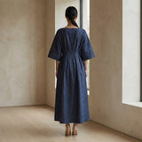 Indigo Cotton Denim Boat Neck Maxi Dress with Kimono Sleeves