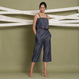 Front View of a Model wearing Strappy Cami Crop Top and Indigo Culottes Set