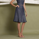 Right View of a Model wearing Indigo Cotton Denim Paneled A-Line Skirt