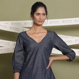 Front View of a Model wearing Cotton Denim A-Line Blouson Dress