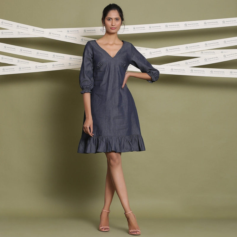 Front View of a Model wearing Cotton Denim A-Line Blouson Dress