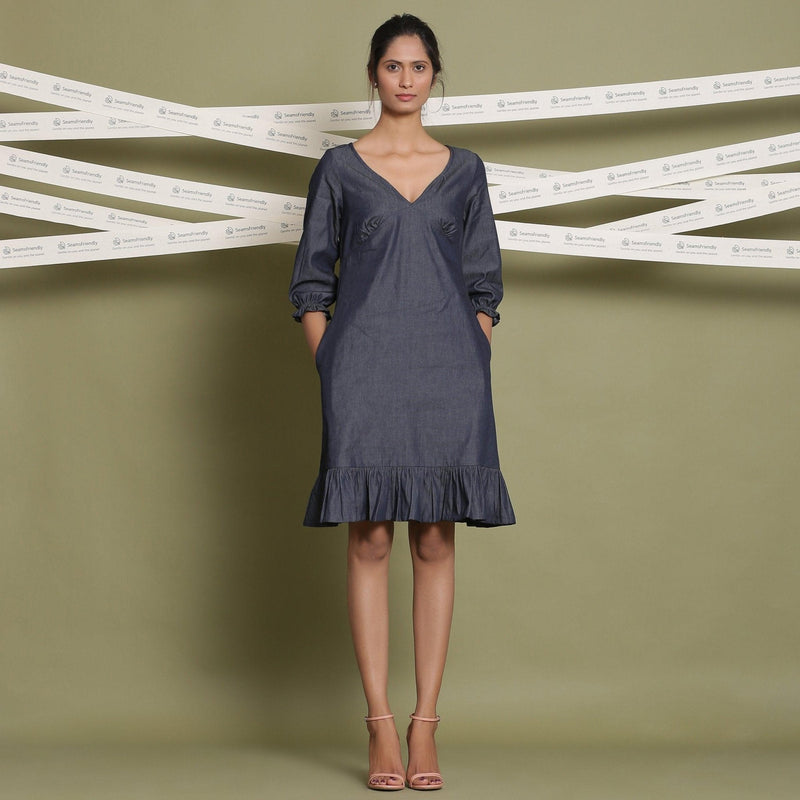 Front View of a Model wearing Cotton Denim A-Line Blouson Dress