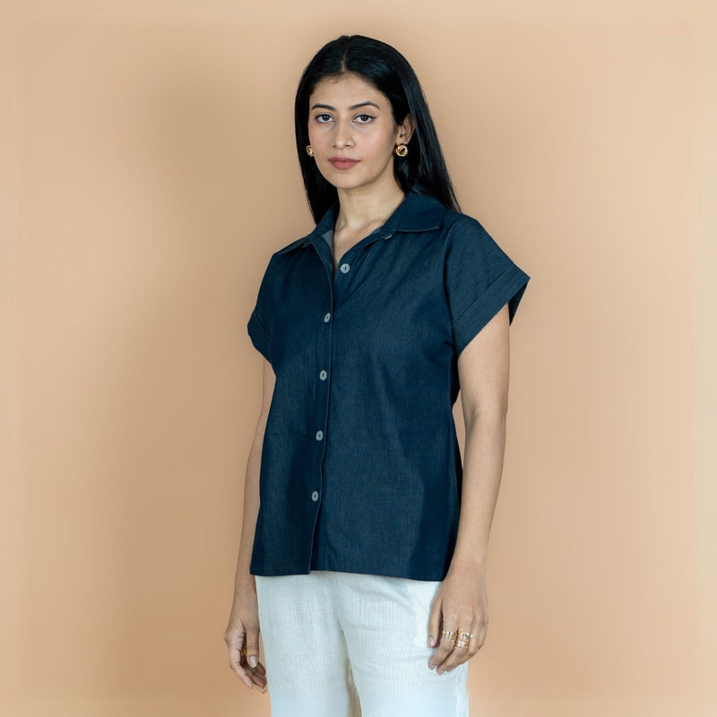Indigo Cotton Denim Drop Shoulder Sleeves Button-Down Shirt