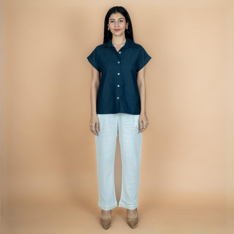 Indigo Cotton Denim Drop Shoulder Sleeves Button-Down Shirt