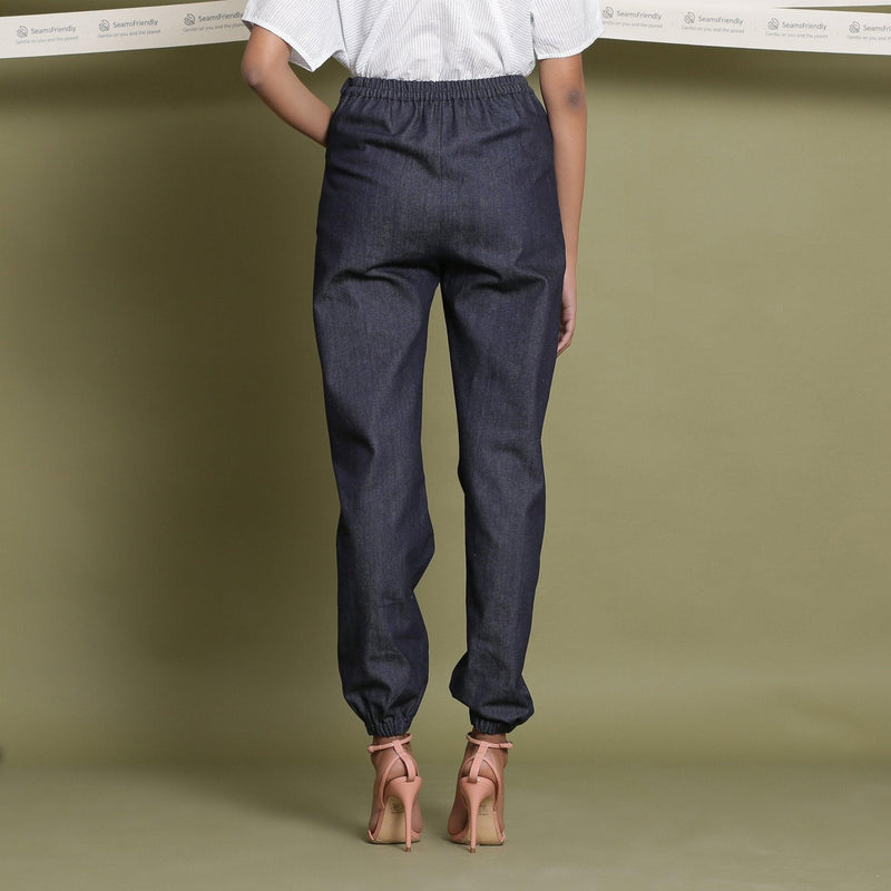 Back View of a Model wearing Indigo Cotton Denim Jogger Pant