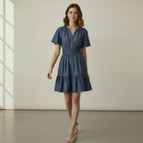 Indigo Cotton Denim Elasticated Short Tier Dress