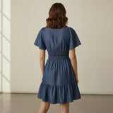 Indigo Cotton Denim Elasticated Short Tier Dress