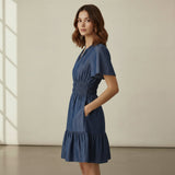Indigo Cotton Denim Elasticated Short Tier Dress