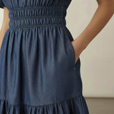 Indigo Cotton Denim Elasticated Short Tier Dress