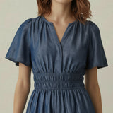 Indigo Cotton Denim Elasticated Short Tier Dress