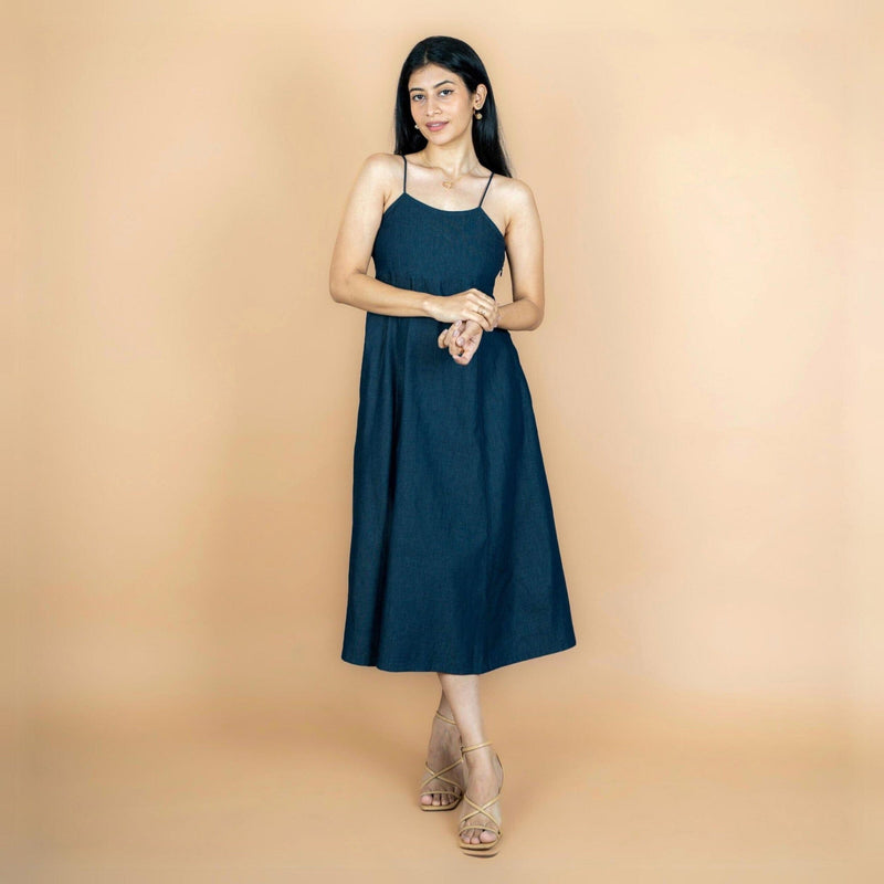 Indigo Cotton Denim Fit and Flare Midi Strap Sleeve Dress