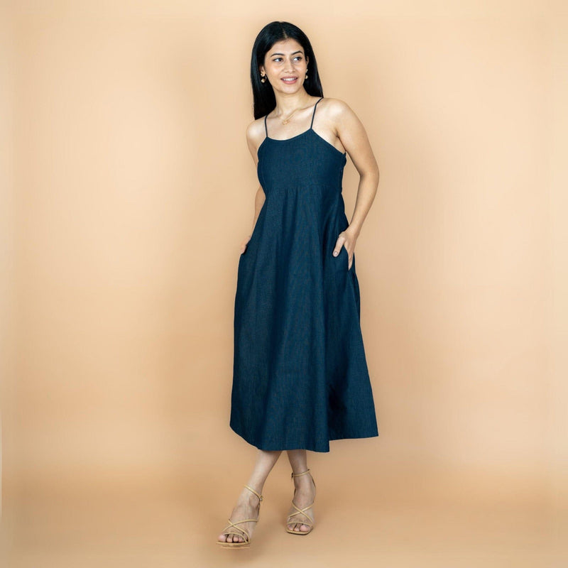 Indigo Cotton Denim Fit and Flare Midi Strap Sleeve Dress 62" / Petite (5'1" and below) Indigo Cotton Denim Fit and Flare Midi Strap Sleeve Dress 62" / Petite (5'1" and below)