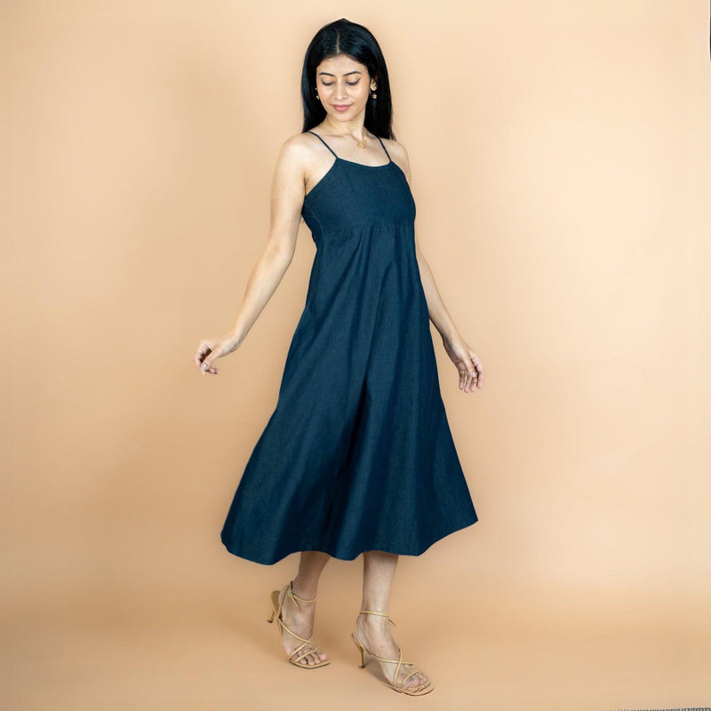 Indigo Cotton Denim Fit and Flare Midi Strap Sleeve Dress