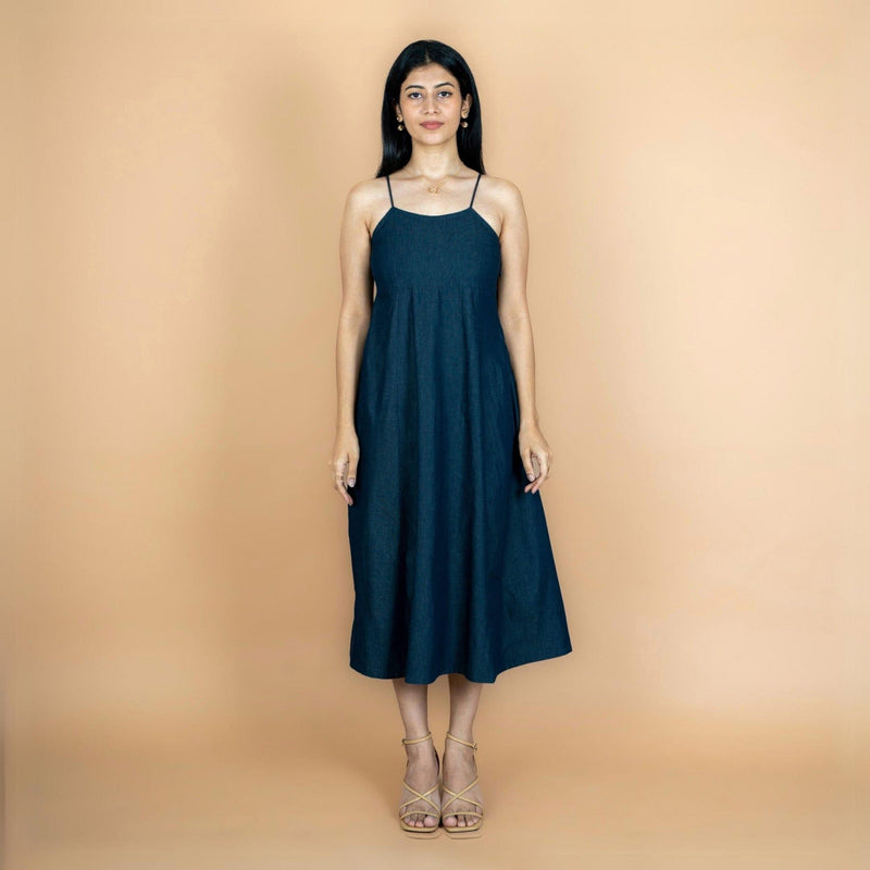 Indigo Cotton Denim Fit and Flare Midi Strap Sleeve Dress 62" / Petite (5'1" and below) Indigo Cotton Denim Fit and Flare Midi Strap Sleeve Dress 62" / Petite (5'1" and below)
