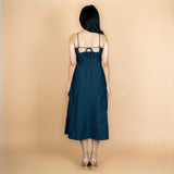 Indigo Cotton Denim Fit and Flare Midi Strap Sleeve Dress