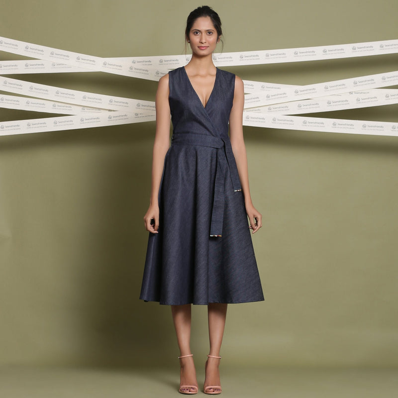 Indigo Cotton Denim Fit and Flare Sleeveless Dress 64