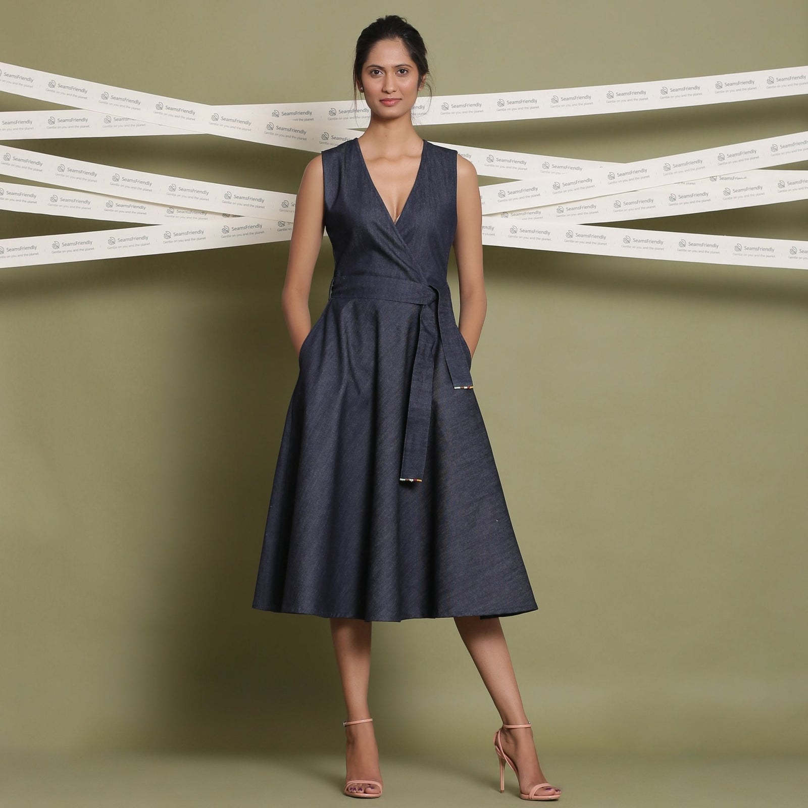 Indigo Cotton Denim Fit and Flare Sleeveless Dress 52" / Petite (5'1" and below) Indigo Cotton Denim Fit and Flare Sleeveless Dress 52" / Petite (5'1" and below)