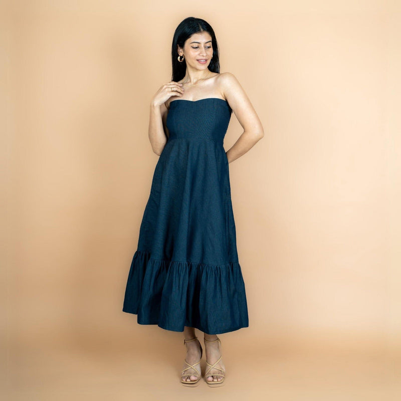 Indigo Cotton Denim Flared Maxi Tube Dress