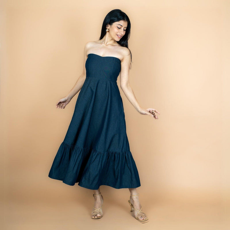 Indigo Cotton Denim Flared Maxi Tube Dress 56" / Custom Height (Free) Indigo Cotton Denim Flared Maxi Tube Dress 56" / Custom Height (Free)