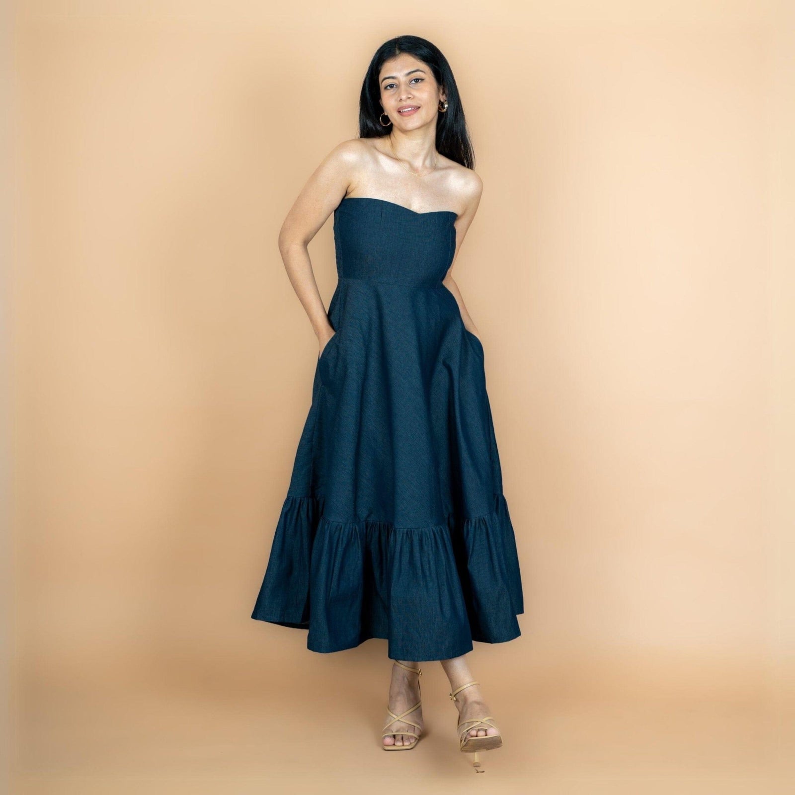 Indigo Cotton Denim Flared Maxi Tube Dress 34