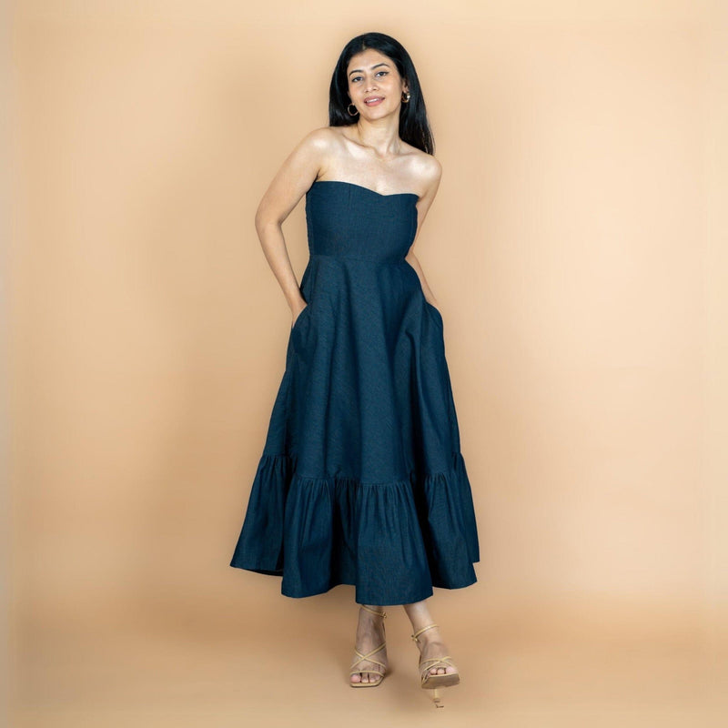 long cotton tube dress Indigo Cotton Denim Flared Maxi Tube Dress 26" / Regular (5'2"