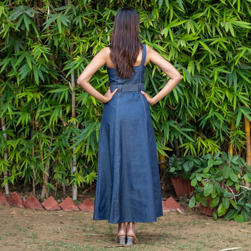 Indigo Cotton Denim Flared Princess Line Ankle Length Slit Dress 56" / Petite (5'1" and below) Indigo Cotton Denim Flared Princess Line Ankle Length Slit Dress 56" / Petite (5'1" and below)