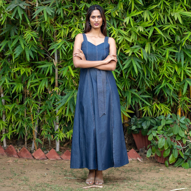 Indigo Cotton Denim Flared Princess Line Ankle Length Slit Dress 56" / Petite (5'1" and below) Indigo Cotton Denim Flared Princess Line Ankle Length Slit Dress 56" / Petite (5'1" and below)