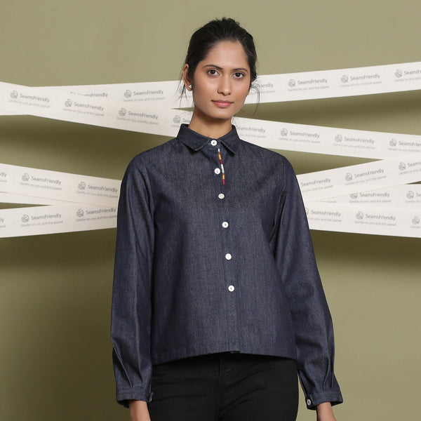 Front View of a Model wearing Indigo Cotton Denim Flat Collar Button Down Shirt