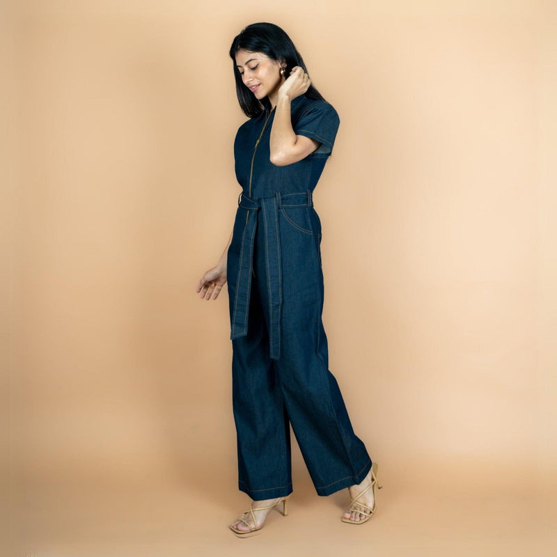 Indigo Cotton Denim Front Zipper Safari Jumpsuit