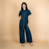 Indigo Cotton Denim Front Zipper Safari Jumpsuit