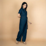 Indigo Cotton Denim Front Zipper Safari Jumpsuit