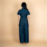 Indigo Cotton Denim Front Zipper Safari Jumpsuit