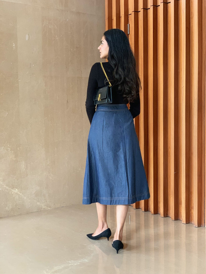 Indigo Cotton Denim High-Rise Button-Down Midi Skirt