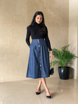 Indigo Cotton Denim High-Rise Button-Down Midi Skirt