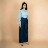 Indigo Cotton Denim High-Rise Flared Comfort Fit Wide Legged Pant