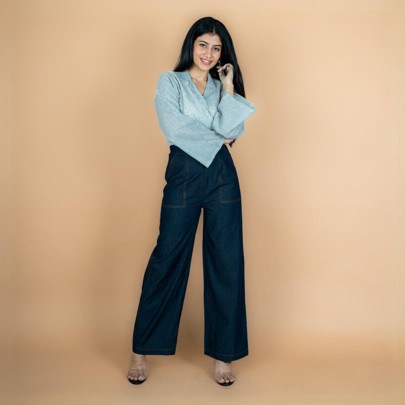 Indigo Cotton Denim High-Rise Flared Comfort Fit Wide Legged Pant