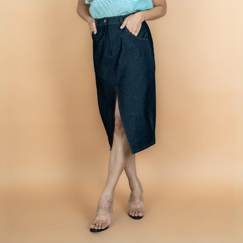 Indigo Cotton Denim High-Rise Midi Pencil Skirt