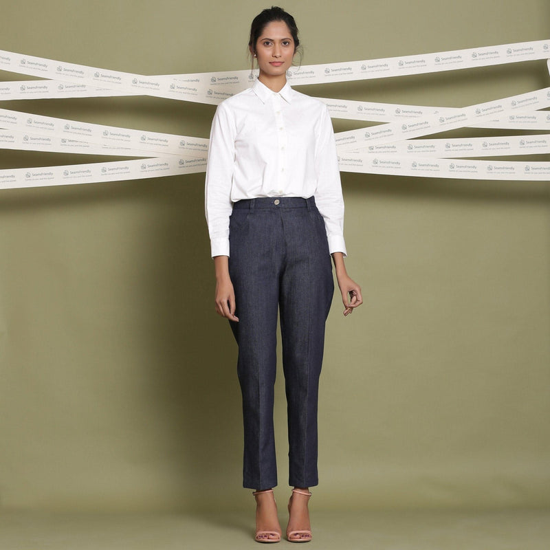 Front View of a Model wearing Indigo Cotton Denim Tapered Pant