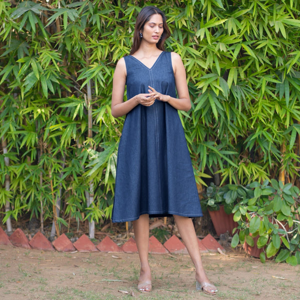 white christmas dresses Indigo Cotton Denim Knee Length Flared Dress 44