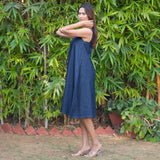 Indigo Cotton Denim Knee Length Flared Dress