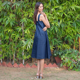 Indigo Cotton Denim Knee Length Flared Dress