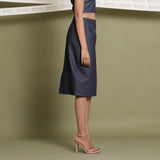 Right View of a Model wearing Indigo Cotton Denim Slit Pencil Skirt