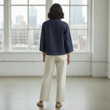 Indigo Cotton Denim Long Sleeve V-Neck Crop Top