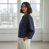 Indigo Cotton Denim Long Sleeve V-Neck Crop Top