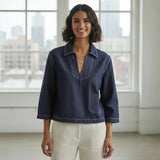 Indigo Cotton Denim Long Sleeve V-Neck Crop Top