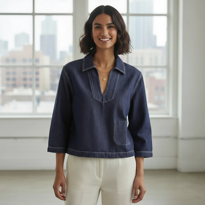 Buy Indigo Cotton Denim Long Sleeve V-Neck Crop Top Online at